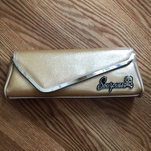 Sourpuss clutch asymmetrical envelope snap closure skull crossbones fun lining